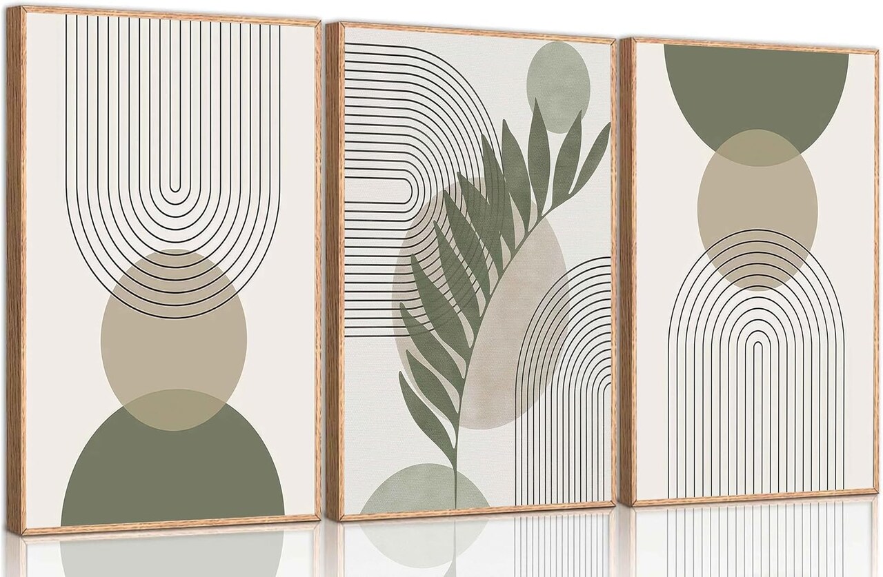 3 Pcs Sage Green Boho Canvas Wall Art Mid-Century Modern Neutral Minimalist Abstract Bohemia Plant Geometric Line Pictures Wall Decor Poster Print Artwork for Living Room Bedroom Decoration Unframed